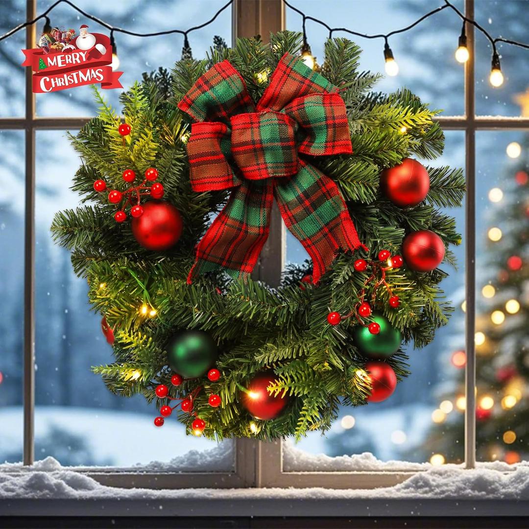 WONDER GARDEN Christmas Wreath with Lights, 20 Inch Pre-Lit Christmas Front Door Wreath with Red Plaid Bow, Berries and Balls, Battery Operated Holiday Decoration for Fireplace Door Xmas
