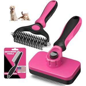 3PCS Self Cleaning Slicker Brush & Pet Grooming Rake & Flea Comb for Dogs,Cats and Horses | Double-Sided Dematting Comb & Skin Friendly Deshedding Grooming Tool (Red)