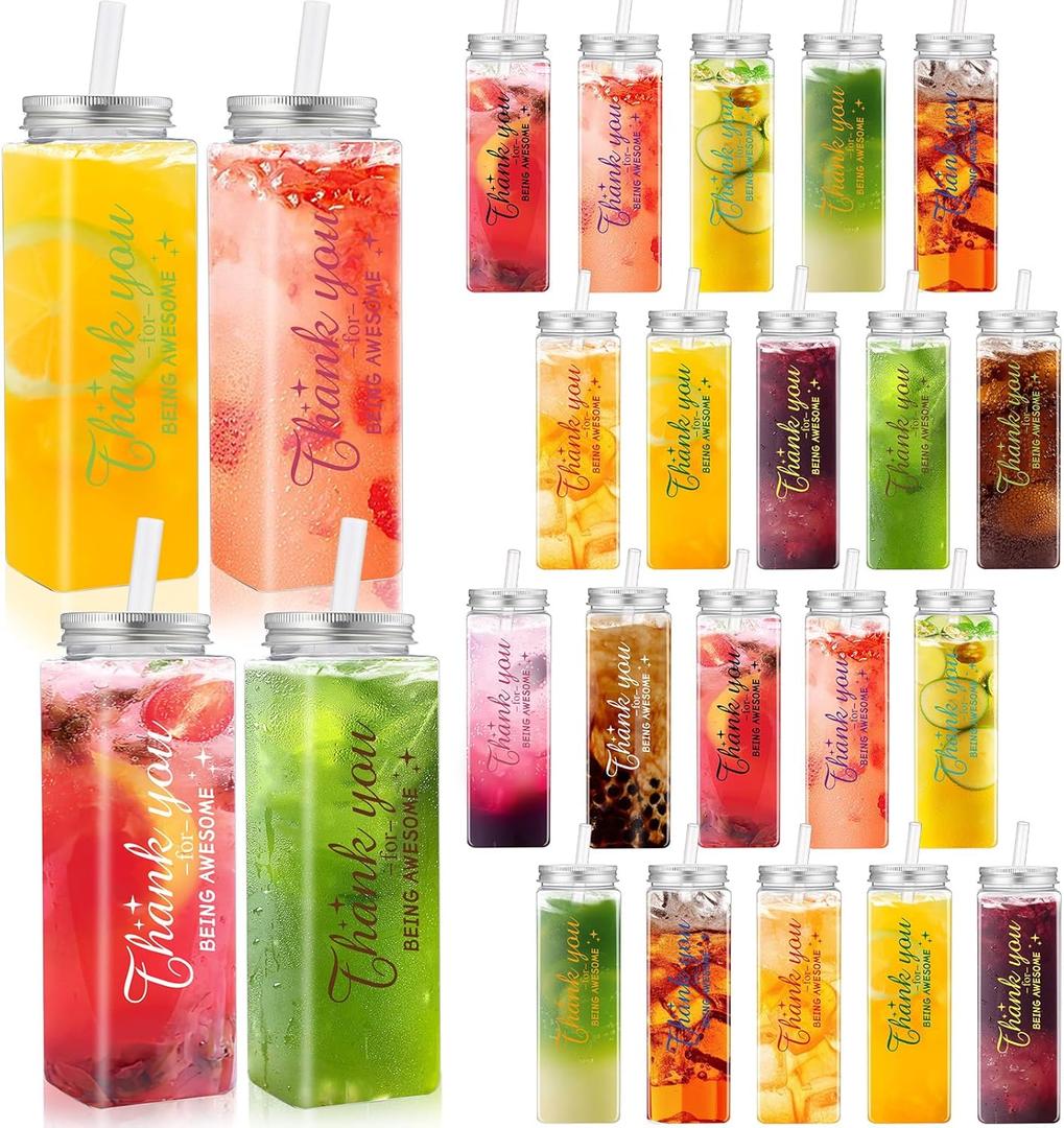 Skylety 24 Pcs Employee Appreciation Gifts Thank You Plastic Cups 17 oz Large Reusable Acrylic Skinny Tumblers with Lid Straw Rectangular Inspirational Plastic Mugs for Staff Coworker Team Teacher