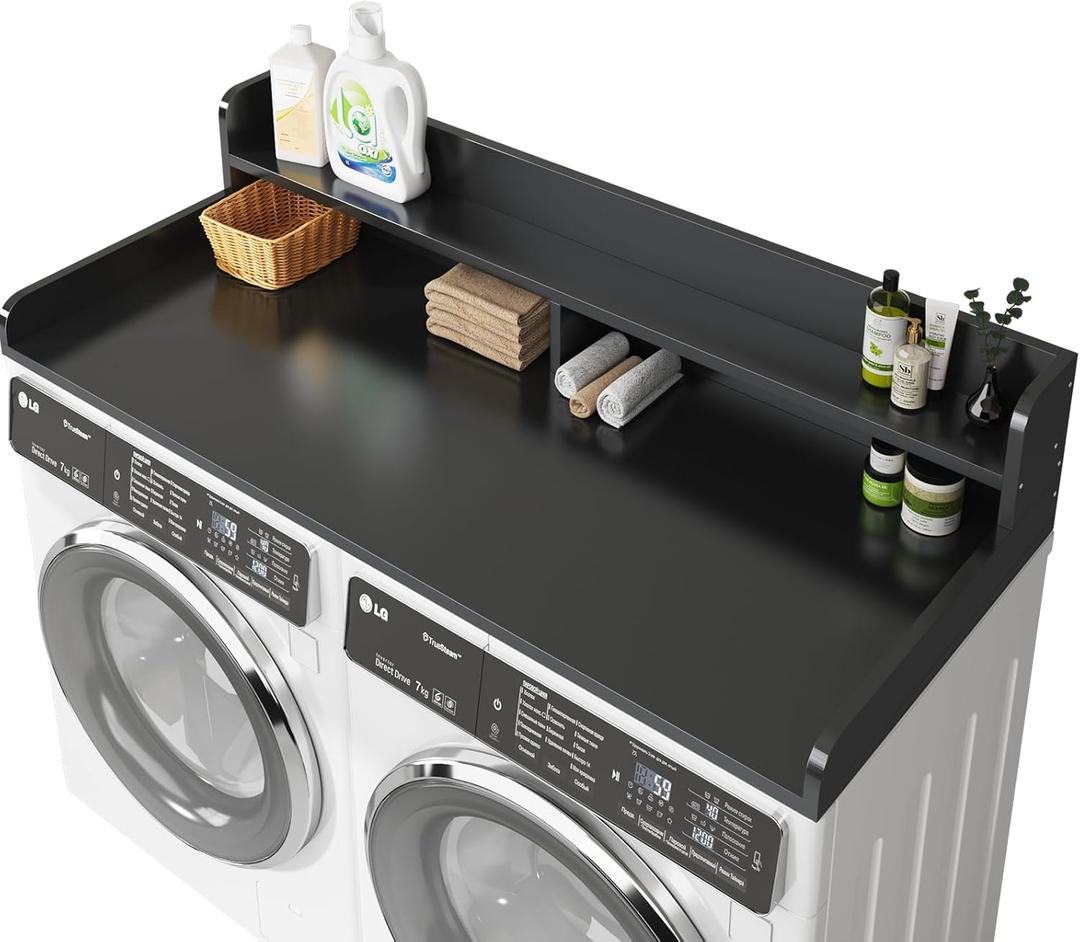 BigPonPon 2-Tier Washer and Dryer Countertop with 2.75" H Guard,58" W x 28" D Laundry Countertop Cover with Non-Slip Pad,Large Space Laundry Topper for Folding Clothes Over Washer and Dryer-Black