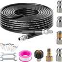 Sewer Jetter Kit for Pressure Washer 30FTDrain Cleaner Hose 1/4 Inch NPT Corner, Rotating and Button Nose Sewer Jetting Nozzle Kit Waterproof Tape Pearl Corsage Pin and Spanners5800PSI