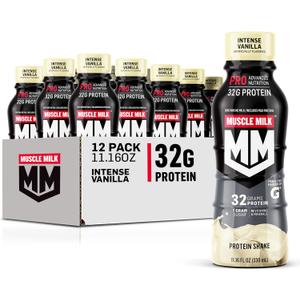 Muscle Milk Pro Advanced Nutrition Protein Shake, Intense Vanilla, 11.16 Fl Oz (Pack of 12), 32g Protein, 1g Sugar, 16 Vitamins & Minerals, 5g Fiber, Workout Recovery, Energizing Snack, Packaging May Vary, BBD 08/14/2026
