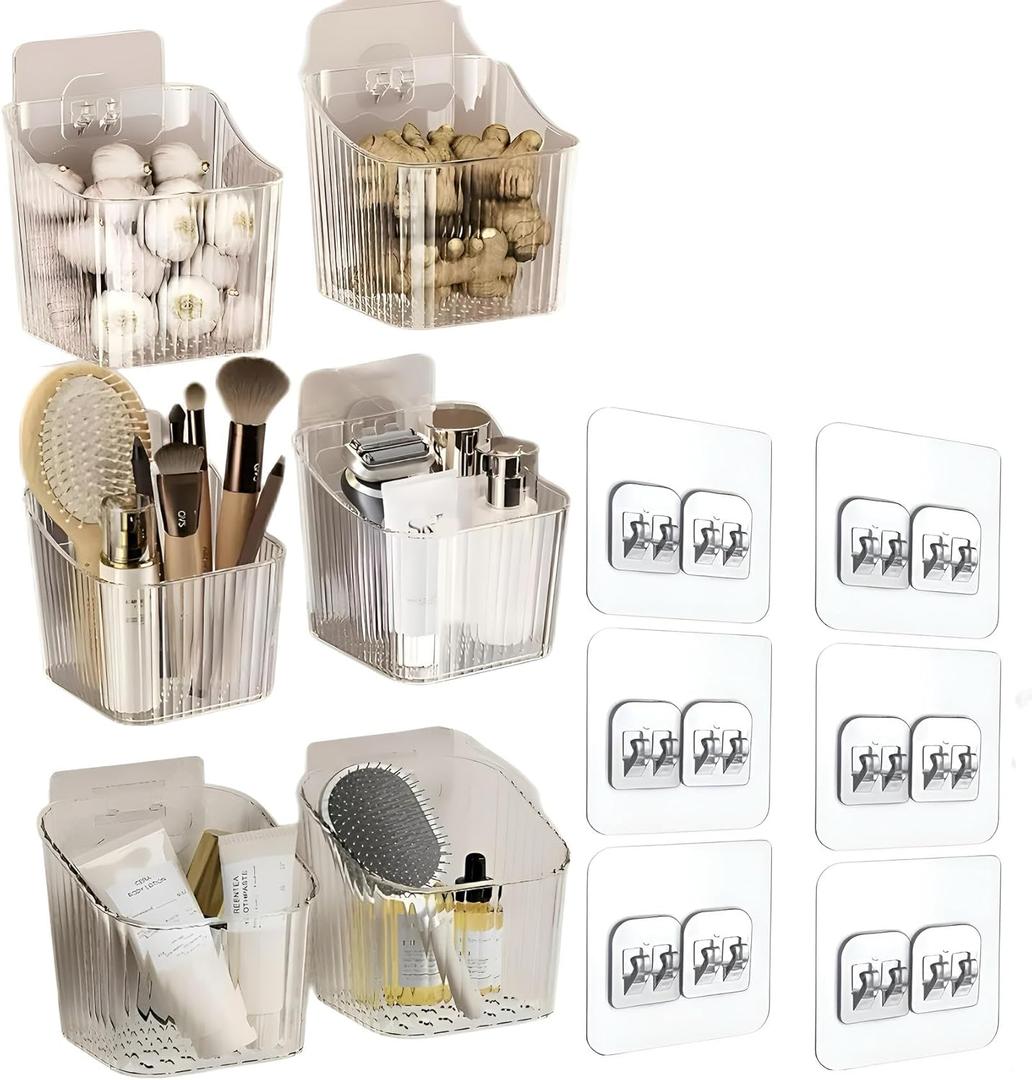 6Pack small Wall Mount Organizer, Adhesive Cabinet Door Storage Bins, Clear Makeup Container, Stackable Organizer Basket for Kitchen, Bathroom, rv, Pantry, Office Refrigerator Small Items storage