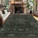 5x7 Floral Washable Area Rug for Living Room, Vintage Boho Large Rug for Bedroom Dining Room Distressed Botanical Birds Non Slip Low Pile Forest Animal Throw Carpet for Farmhouse Office, 5' x 7' (Rectangular), Dark Green