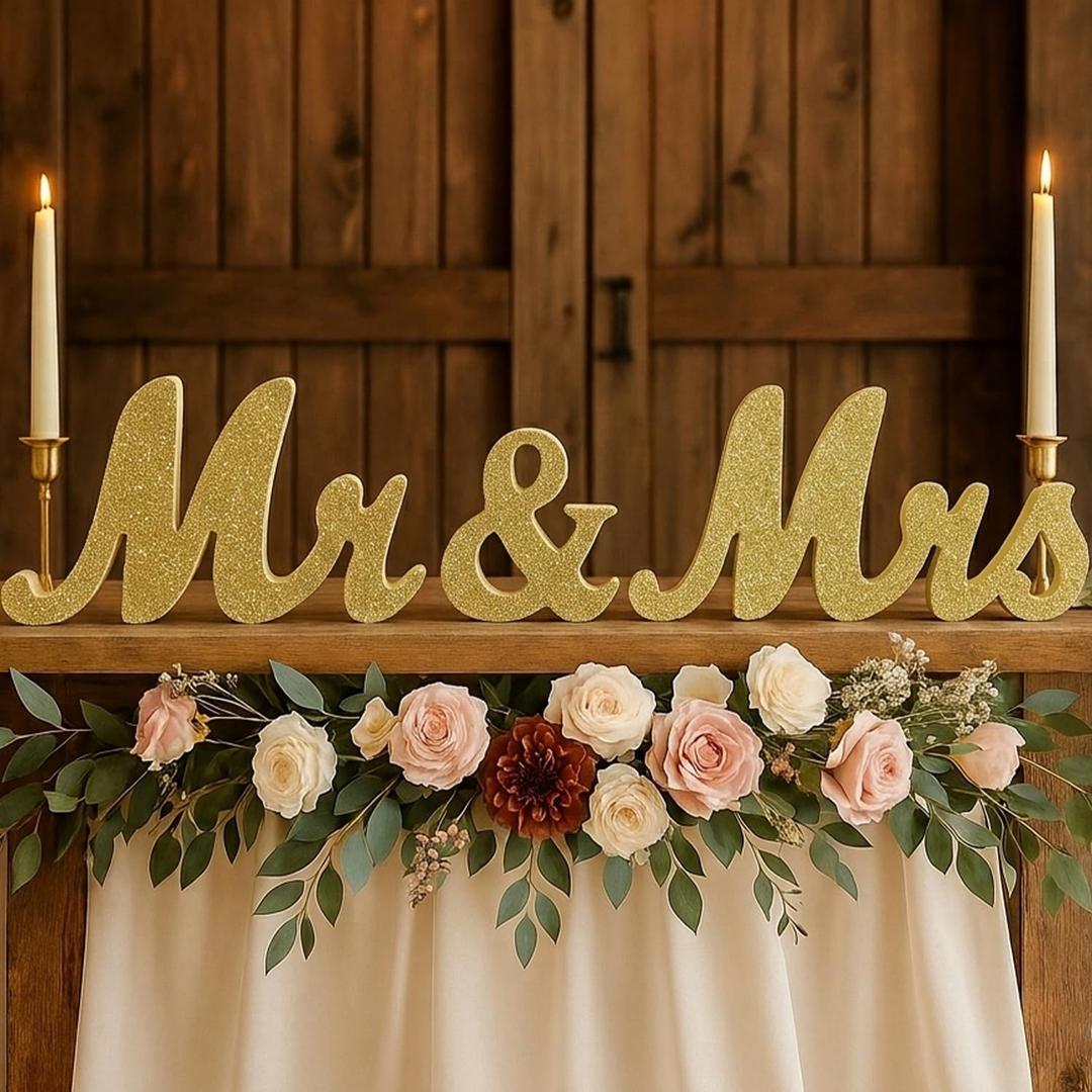 Mr & Mrs Sign for Wedding Table, Wedding Decorations for Reception, Large Wooden Letters Centerpieces Decor for Sweetheart Table, Ceremony, Anniversary, Party and Valentine's Day(Golden)