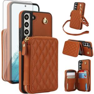 Phone Case for Samsung Galaxy S21 FE 5G Wallet Cell Cover with Tempered Glass Screen Protector Wrist Crossbody Strap RFID Blocking Card Holder Slot S 21 EF S21FE5G UW S21FE 21S G5 6.4 inch Women Brown