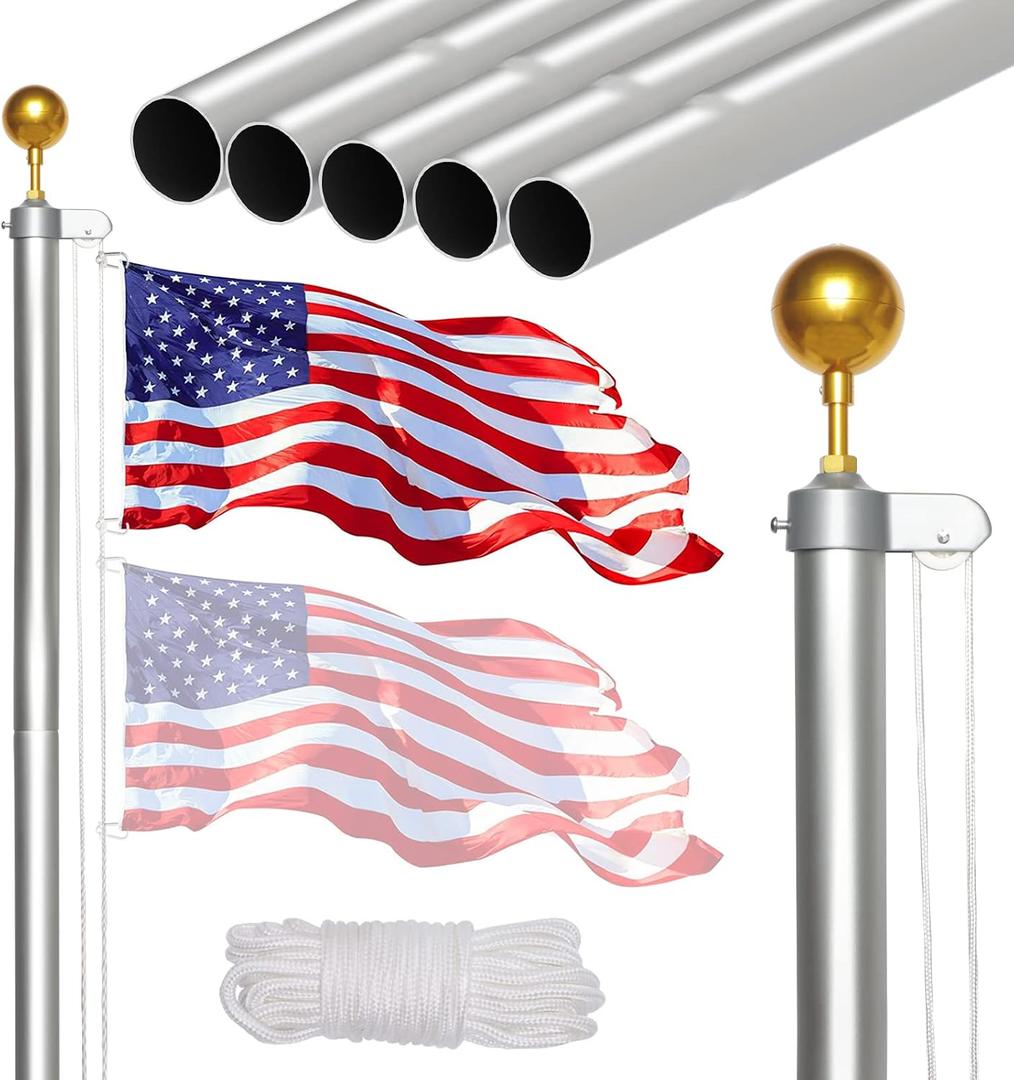 NELXINJO 20FT Heavy Duty Flagpole Kit for Yard,14 Gauge Flag Pole for Outside In Ground, Extra Thick Outdoor Flag Poles with 3x5 American Flag for Residential or Commercial(20FT, Silver)