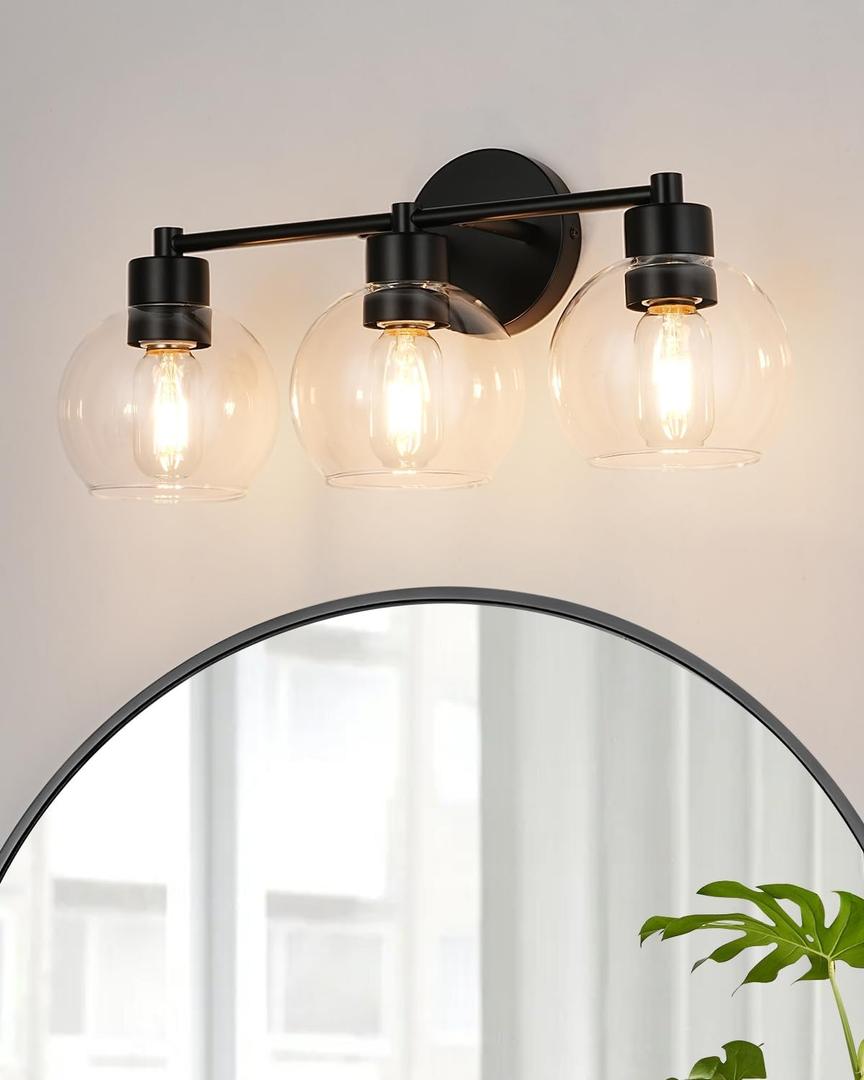 WILON Black Bathroom Light Fixtures Over Mirror, 3-Light Bathroom Vanity Light with Clear Glass Shades, Farmhouse Bath Sconce Wall Lamp with E26 Base, Wall Sconces for Bedroom, Hallway