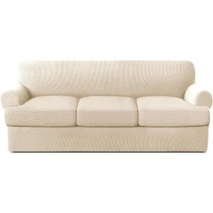 3 Piece Sofa Slipcovers T Cushion Couch Cover High Stretch Sofa Covers for 3 Cushion Couch with 3 Individual T Cushion Covers Machine Washable (Nature, Sofa)
