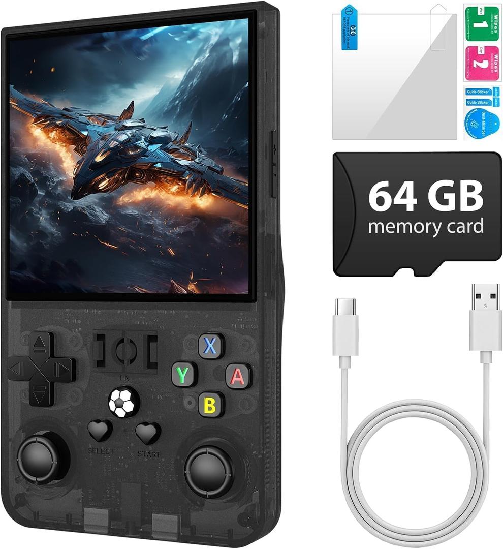 R36MAX Retro Handheld Game Console, 4.0 inch Retro Gaming Console with 64GB Memory, Portable Retro Video Games Console, 4000mAh Battery, Support 30+ Emulators, Transparent Black