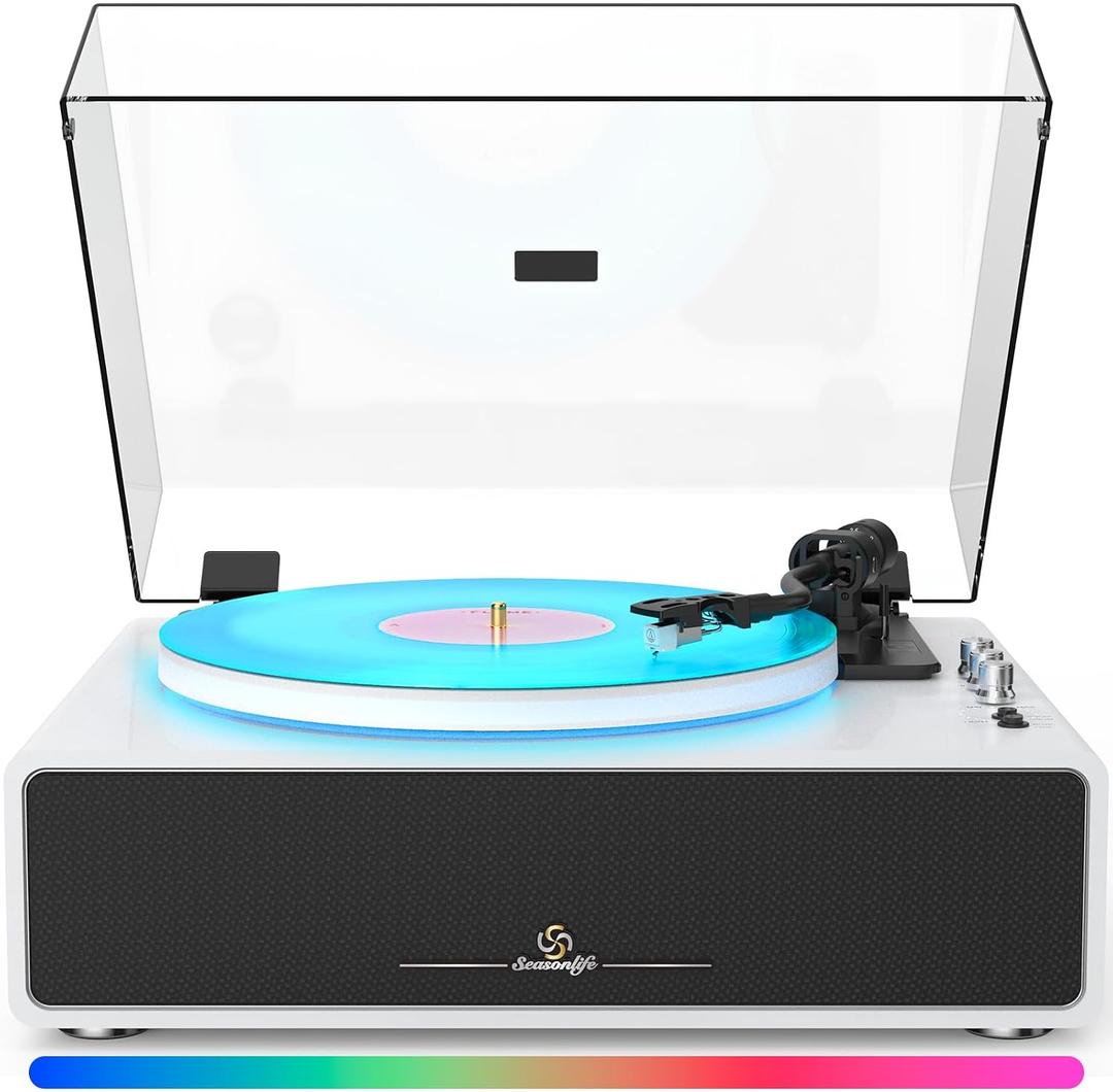 Seasonlife® All-in-One Record Player with 4 Speakers & Bluetooth, White
7-Color LED Light with Music-Sync & Fade Modes, Belt-Driven Hi-Fi Magnetic Cartridge, Bluetooth&AUX In, RCA PHONO/LINE Out