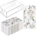 Outus 100 Pcs Floral White Magnolia Paper Guest Towels 2 Ply with Acrylic Napkin Holder, Disposable Decorative Paper Towels 4.3 x 7.8 Inches Hand Napkins with Tray for Bathroom Powder Room