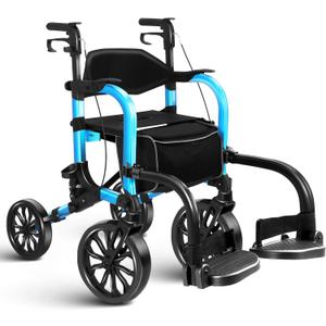 Foldable Rollator Walker with Seat for Seniors,Lightweight 2-in-1 Rolling Walkers and Wheelchair Combo with Adjustable Handle Height,Transport Chair with Brakes 300 lbs Weight Capacity (Blue-all Terrain(10" Front and 8" Rear Wheels))