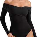 PINKMSTYLE Sexy Mesh Off The Shoulder Bodysuits For Women Double Lined Long Sleeve Bodysuit Going Out Tops, Large