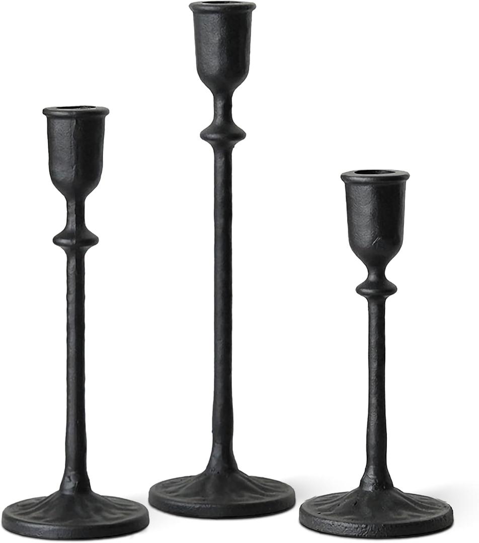 Antique Candlestick Holders Set of 3, Cast Iron Taper Candle Holder for Dining Table Centerpiece, Wedding, Fireplace Mantel Decor, Vintage Tall Candle Stands, Christmas Decorations, Matte Black