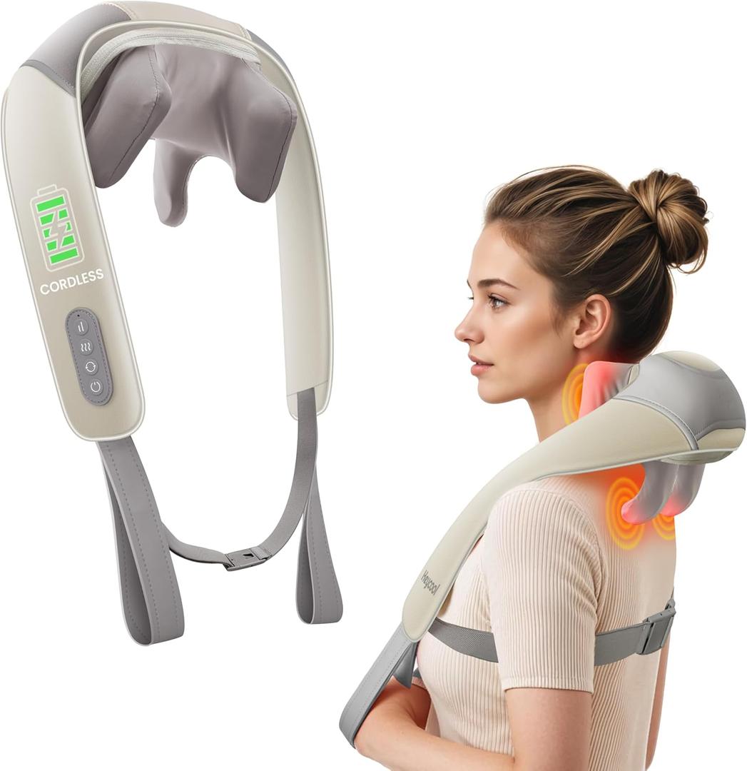 Cordless Neck Massager with Heat, FSA Eligible HSA 4D Deep Kneading Neck Shoulder Massager for Pain, Wireless Shiatsu Massager for Back Shoulder, Gifts for her him (Khaki)