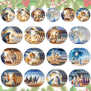 Soaoo 36 Pcs Nativity Ornaments Bulk for Christmas Tree Wooden Nativity Scene Ornaments Bulk Round Xmas Tree Hanging Decorations Birth of Jesus Christian Ornament for Advent Decor