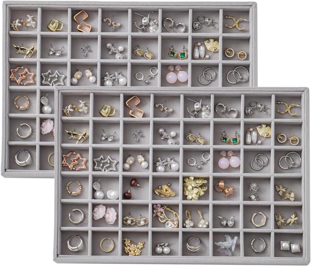 Large Velvet Jewelry Tray 2 Pack Stackable Jewelry Display Drawer Inserts Trays Organizer for Earring Bracelet Necklace Ring (Gray, 48 Grids)