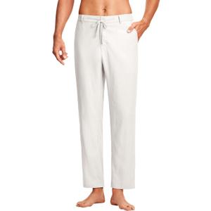 ISEEGZ 30" Men's Linen Pants Casual Dress Pants Drawstring Lightweight Business Trousers with 4 Pockets Beach Summer (White, M)