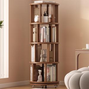 Solid Wood Rotating Bookshelf on Wheels, 4 Tier, Round Revolving Bookcase, 360 Spinning Book Shelf Tower for Kids, Narrow Rolling Bookshelves for Small Space, Corner, Bedroom, Office, Walnut