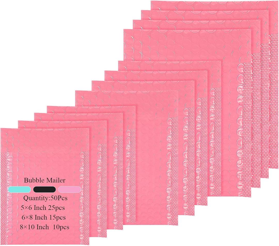 100 Pcs Kraft Bubble Mailers 3 Size Padded Envelopes Kraft Poly Mailers Bubble Lined Shipping Envelopes Mail Shipping Bags for CDs Book Business Supplies (Pink)