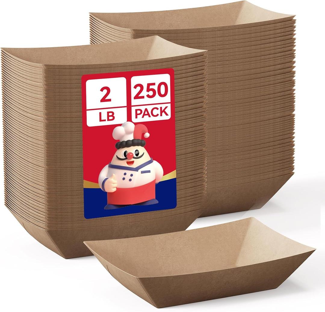 JOLLY CHEF 2lb Paper Food Trays, 250 Pack Disposable Paper Boat, Serving Boats for Gameday, Food Holder Trays for Snacks French Fries Nachos Hot Dog Tacos BBQ Party