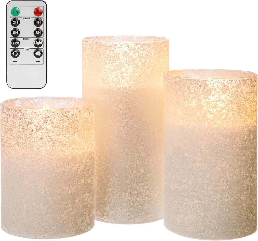 ANGELLOONG Glass Electric Candles Battery Operated, Flickering Flameless Candles with Remote, Fake LED Pillar Timer Candles for Home Decor, Sandblast White (Sandblast White)