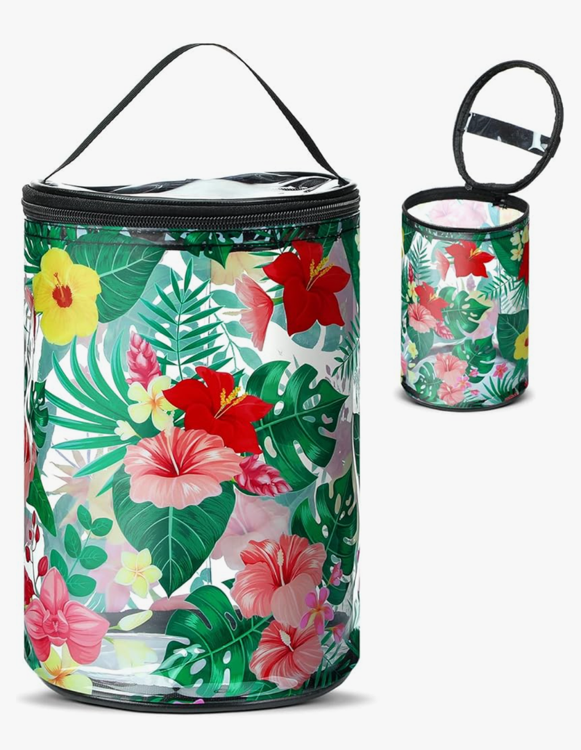 Beach Gifts Heavy Duty Clear Lotion Toiletry Bags for Travel Sunscreen Makeup Cosmetic Pouch Cylinder Bag Waterproof Portable Trip Bag with Handle Zipper(Hibiscus Flowers)