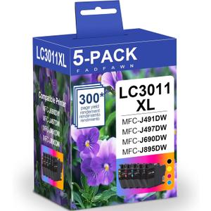 LC3011 XL Ink Cartridges High Yield 5-Pack (2 LC3011BK LC3011C LC3011M LC3011Y) - Replacement for Brother LC3011 Ink Cartridges BK/C/M/Y Work for MFC-J491DW MFC-J497DW MFC-J690DW MFC-J895DW Printer