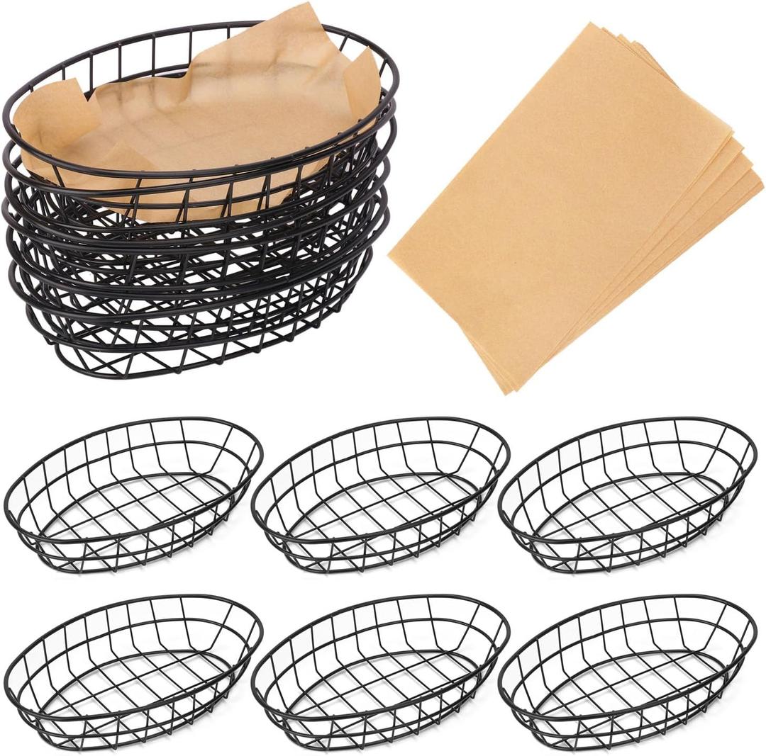 Geytetqi 12 Pack Wire Bread Basket with 50 Sheets Deli Wrappers Paper, 9.65 x 6.1 x 2.17 Inch Metal Oval Bread Basket for Food & Fruit Serving  Durable Black Wire Baskets for Home & Kitchen