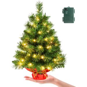 Pre-lit 2ft Small Christmas Tree, Leeheeyee Artificial mini Christmas Tree with 50 LED Lights, Battery Operated Tabletop Xmas Tree with Burlap Base for Table Desk Home Christmas Decor (Green)