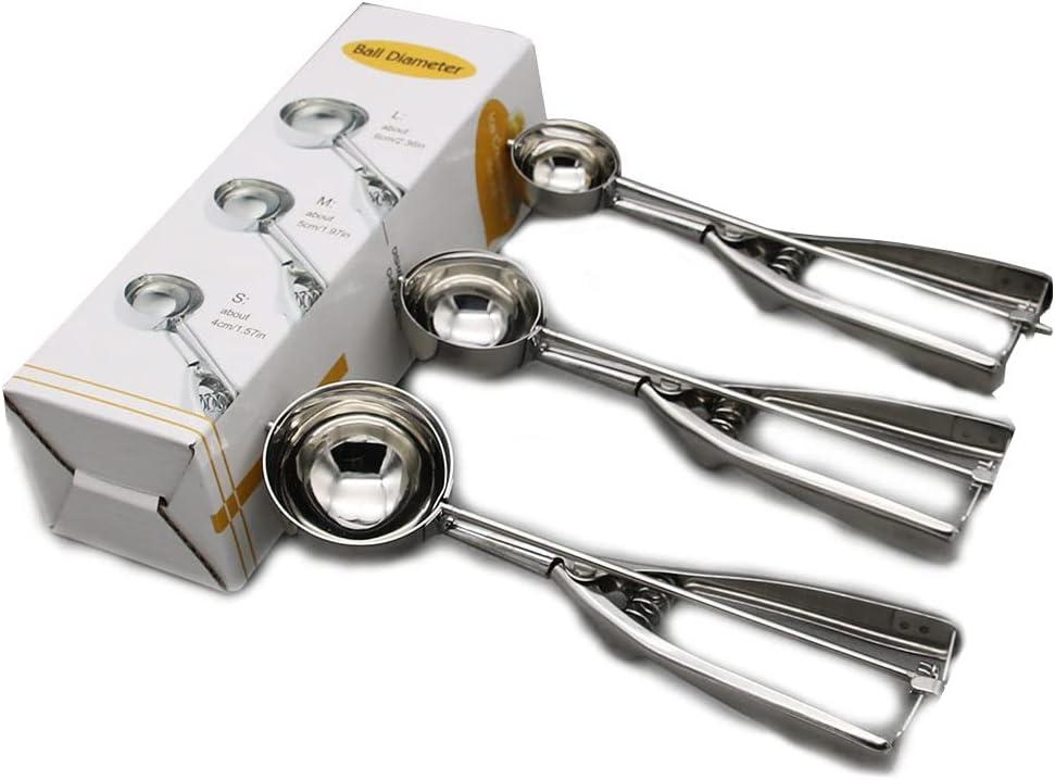 Ice Cream Scoop, 3 Pieces Cookie Scoop Sets, Stainless Steel Ice Cream Scooper with Trigger Release, Large/Medium/Small Cookie Scooper for Melon Baller Meatball Cupcake Muffin, Cookie Dough Scoop