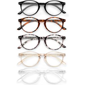 JOLISU 5 Pack Reading Glasses For Women/Men-Blue Light Blocking Computer Reader w/Round Frame - Retro Clear Lens Fake Eyeglasses2.0 (Black + Transparent +Leopard + Tortoise + Orange)