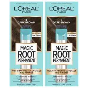 L'Oreal Paris Magic Root Rescue 10 Minute Root Hair Coloring Kit, Permanent Hair Color with Quick Precision Applicator, 100 percent Gray Coverage, 4 Dark Brown, 2 count (2 Count (Pack of 1), 4 Dark Brown)