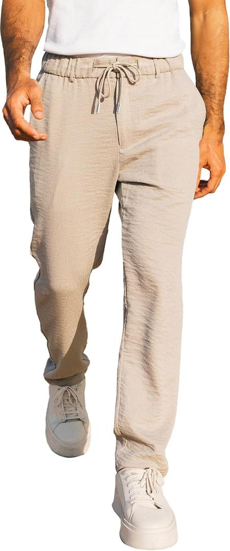 JMIERR Men's Casual Drawstring Pants Elastic Waist Lightweight Pant Summer Beach Trouser with Pockets (Beige, L)