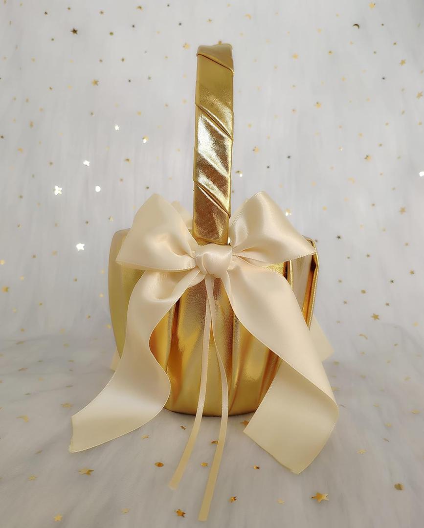 Uwedding Flower Girl Basket and Ring Bearer Pillow with Satin Ribbon Bow Decor Wedding Ceremony Anniversary Vow Renewal Party Favor-Gold & Beige Basket