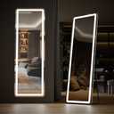 Sweetcrispy 64"x21" Mirror Full Length Standing Mirror with LED Lights, Lighted Floor Mirror with Stand, w/Dimming & 3 Color Lighting, Wall Mirror Full Length Aluminum Alloy Thin Frame, White