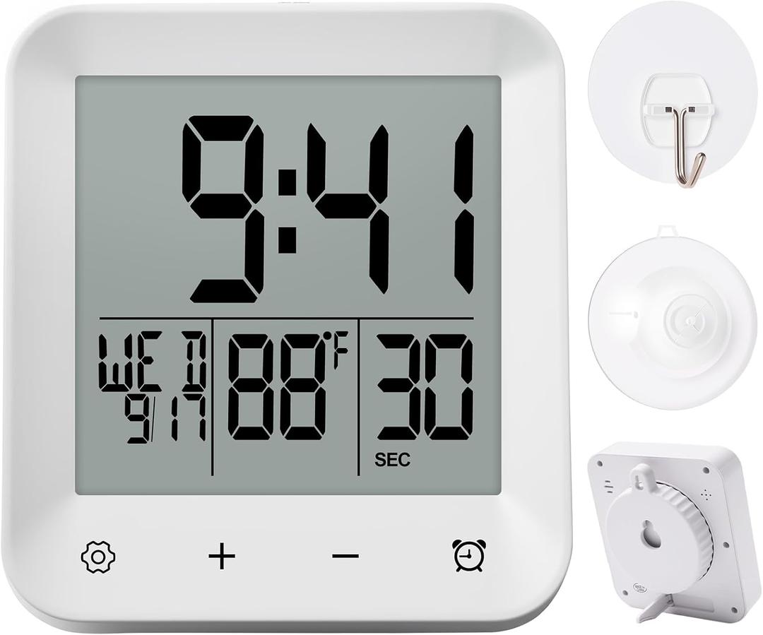 Waterproof Shower Clock with Timer, Bathroom Wall Clock Displaying Temperature, Date & Day, Battery Operated LCD Digital Clock for Bath, Kitchen (White)