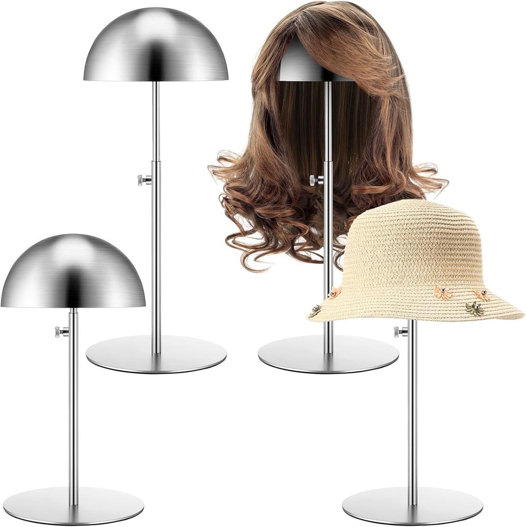 Sintuff 4 Pcs Hat Display Stand 7.9-15.7inch Adjustable Wigs Head Holder Stand Anti Rust Non Slip Stable Stainless Steel Metal Rack for Hat Storage Wig Styling Practice(Silver,Round Base)