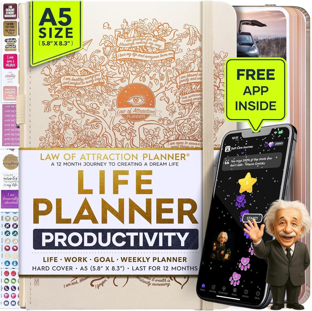 Life Planner - Undated Weekly & Monthly Planner, 12-Month Journey to Increase Productivity | Gratitude Journal, Life Organizer & Goal Journal | Include Foldable Vision Board, Habit Tracker & Stickers (A5 (Undated) 5.8" x 8.3", Vanilla-Tree)