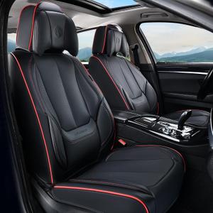 Coverado Universal Seat Covers Full Set, 5 Seats Universal Seat Covers for Cars, Waterproof Nappa Leather Car Seat Covers with Head Pillow, Auto Protectors Fit for Most Pick-up Truck, Black&Redline