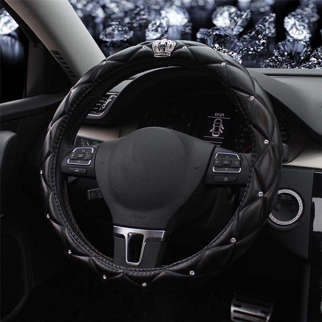 New Diamond+Leather Steering Wheel Cover,Bling Crystal Rhinestones Steering Wheel Cover Universal Fit 15" Car Wheel Protector for Women Girls (Black Crown)