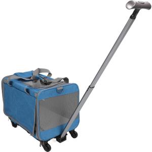 Pssopp Folding Dogs Carrier, All Sides Mesh Design Secure Rolling Pet Travel Carrier with Wheels Telescopic Walking Handle Adjustable Shoulder Straps for Travel (Blue)