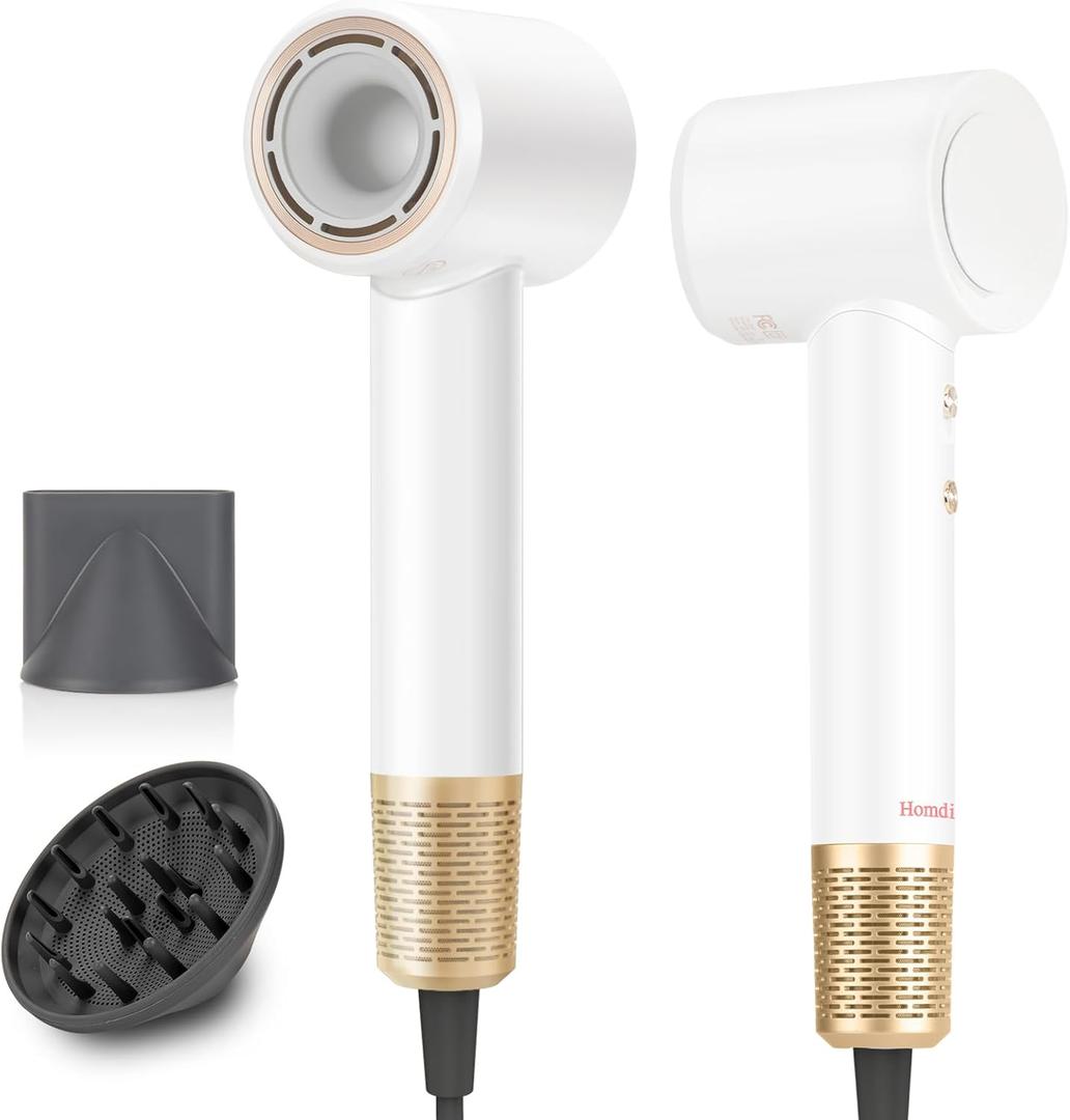 Hair Dryer - Ionic Blow Dryer with Diffuser,112000RPM High Speed Brushless Low Noise Hairdryer, Lightweight/Compact/Mini Design,110V Use for Home/Travel, Suitable for All Hair Types Women, Men (White)