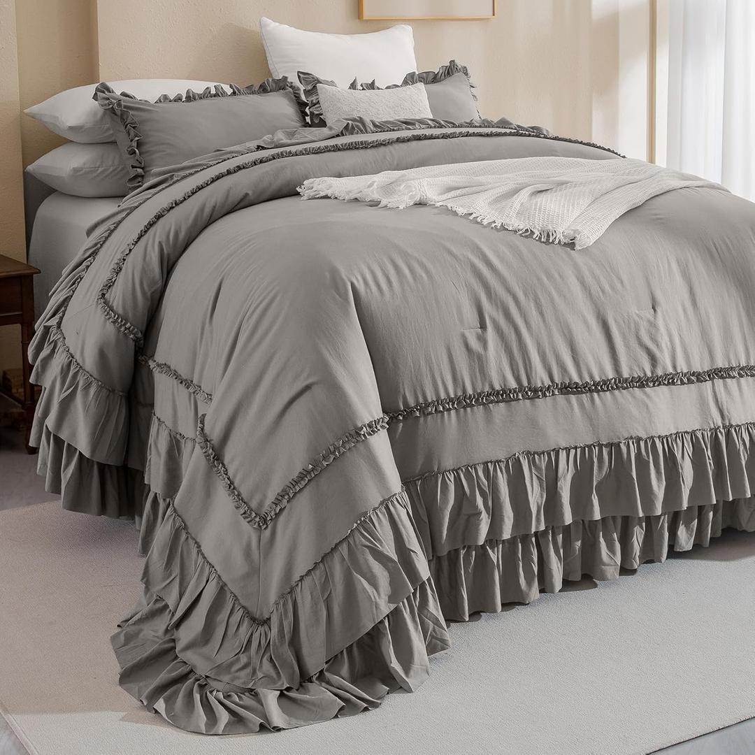 QSH Grey Oversized King Comforter Set 120x120, Farmhouse Ruffled Bed Comforter Gray French Country Rustic Vintage Comforter Microfiber Soft Lightweight Fluffy Shabby Bedding 3 PCs