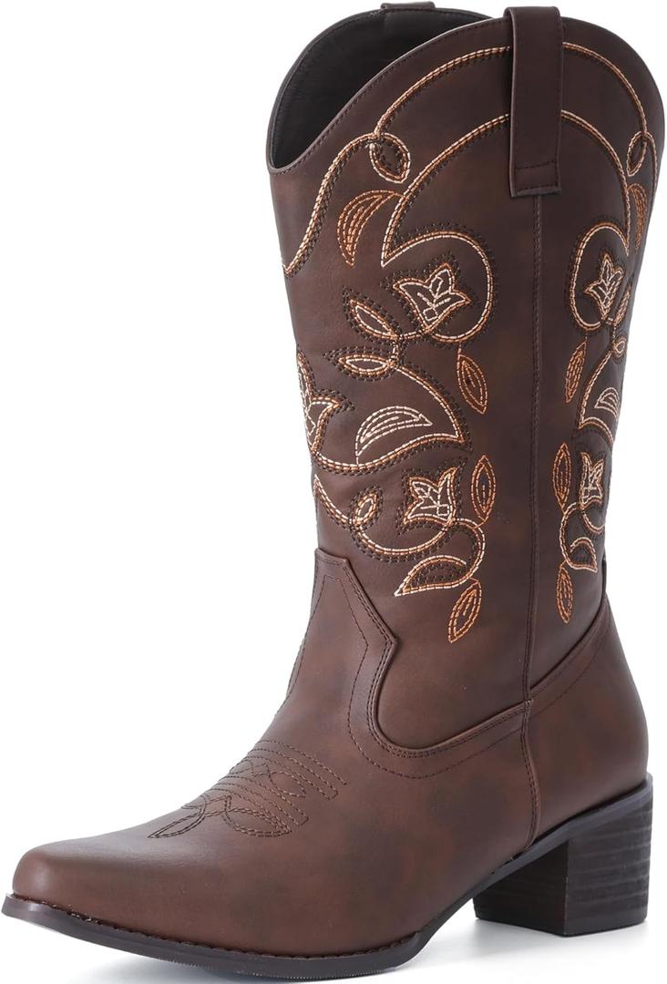 IXU Cowboy Boots For Women Wide Calf Pointy Toe Cowgirl Boots Mid Calf Western Boots (Brown), Size: 10