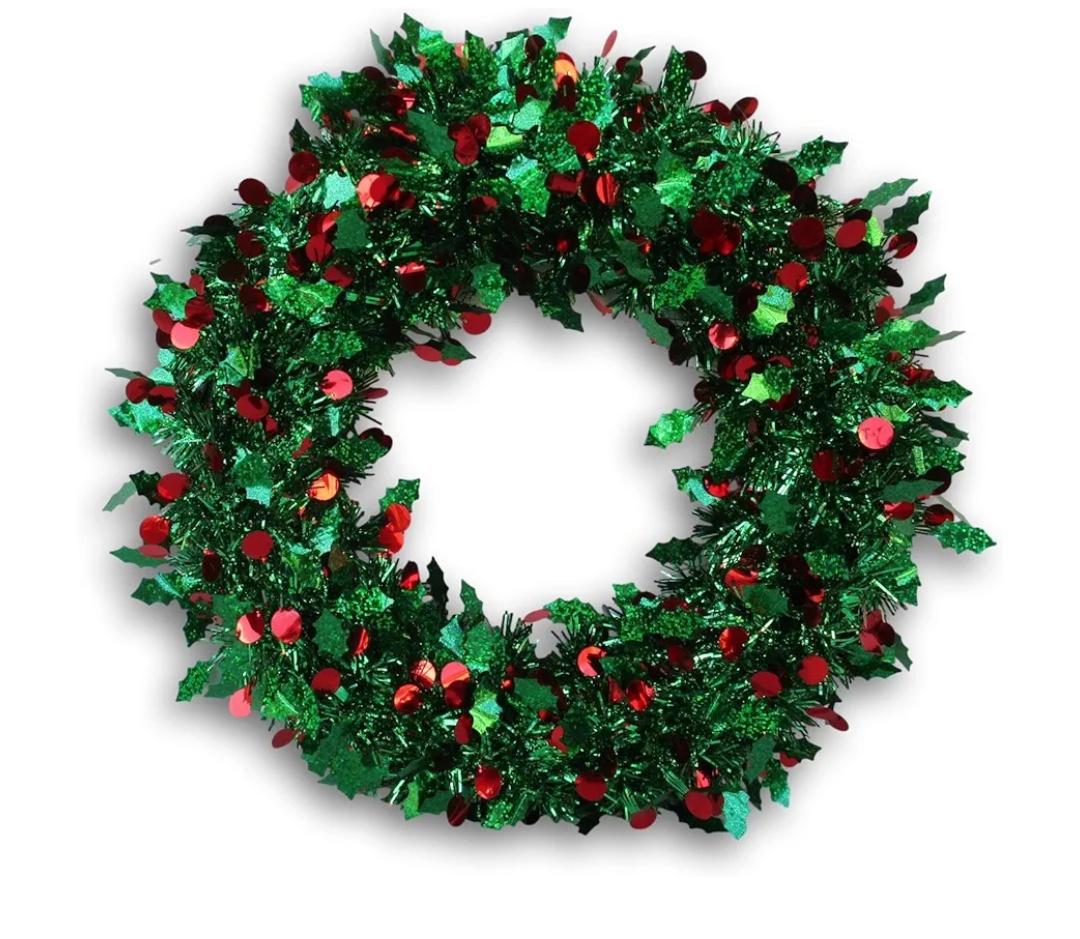 Christmas Tinsel Holly Berry Wreath - 12 Inch Pack of 4