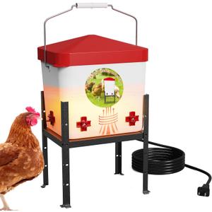 Nexum 2 Gallon Heated Chicken Waterer - Outdoor Unfrozen Poultry Drinker for Winter with 4 Nipples and Adjustable Stand Automatic Chicks Water Pail (Red, 2 Gallon)