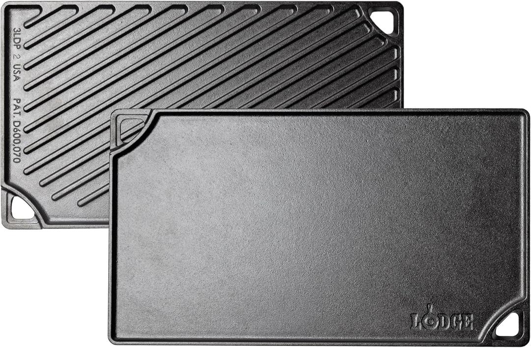 Lodge Double Play Reversible Cast Iron Grill/Griddle Dual-Sided with Double Burner Configuration for Eggs, Pancakes, Burgers & More Seasoned, Non-Toxic Cookware Heavy-Duty Grill Pan Black
