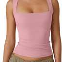 QINSEN Women's Square Neck Sleeveless Double-Layer Tank Tops Basic Tight T Shirts (Pink, S)